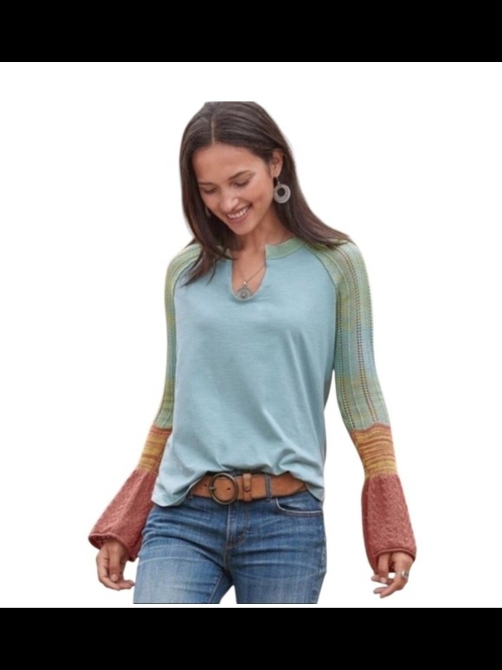 Sundance- Women's Light Blue Raglan Top with Multicolor Crochet Bell Sleeves XS